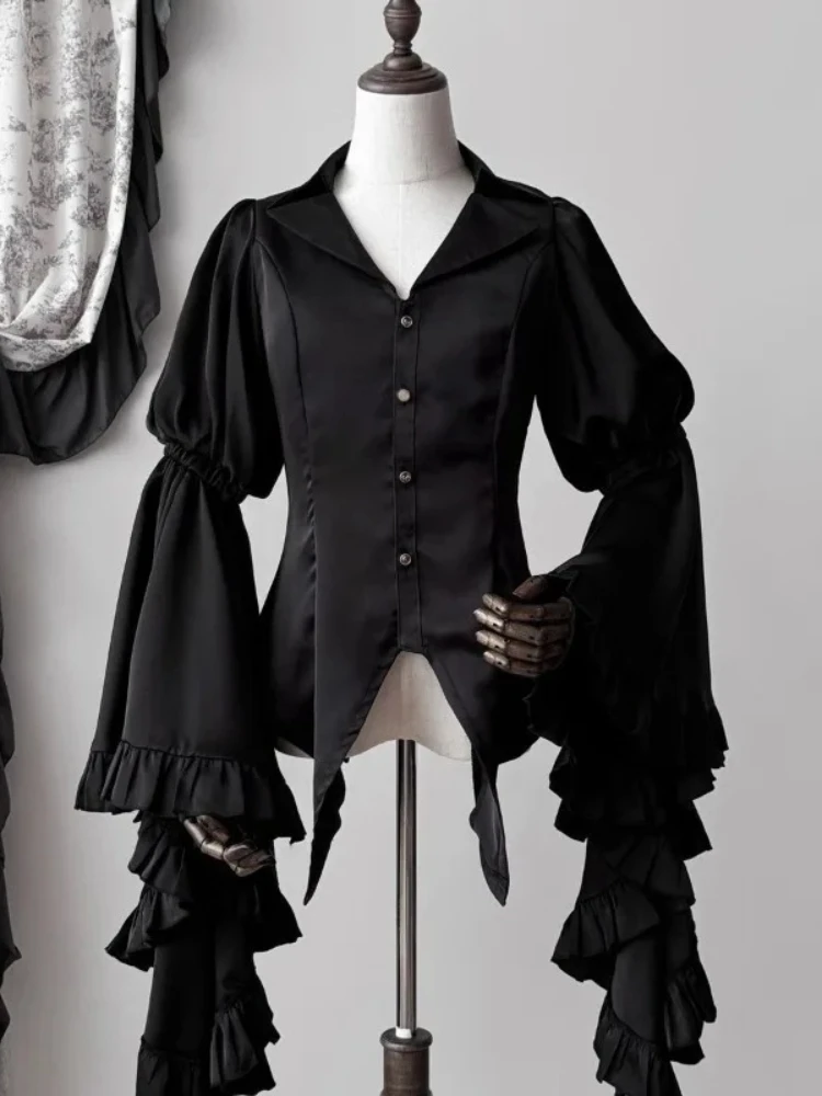 2025 Vintage elegante mujer Tops camisa Lolita blusas góticas de manga acampanada camiseta femenina Y2k estética Casual Retro camisetas moda