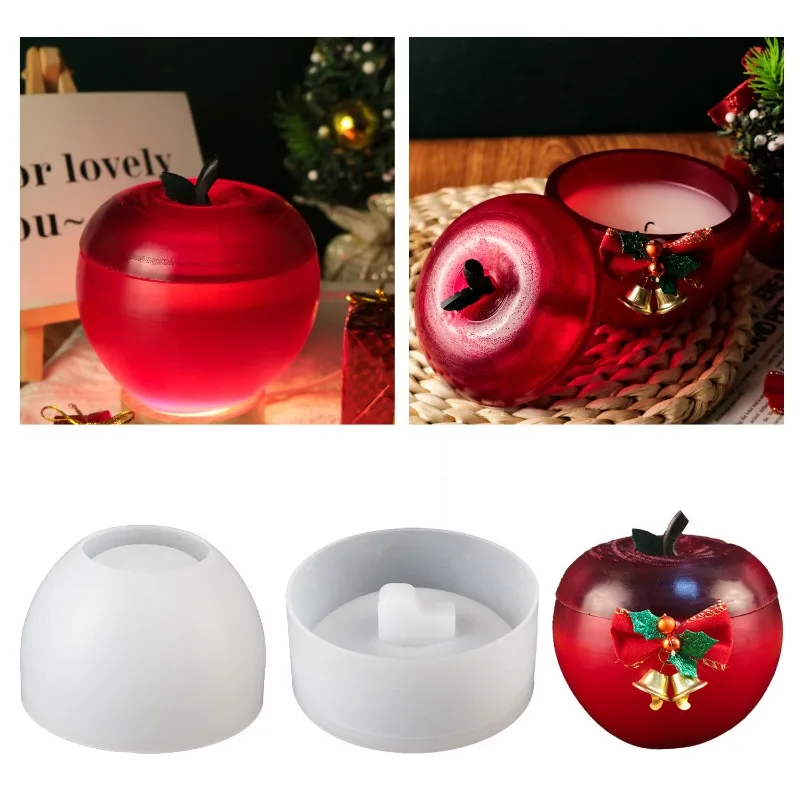 Apple Shaped Silicone Jar Molds for Resin with Lid Stem Fruit Ornaments Candle Jar Life-Size Resin Molds for Resin Crafts Decor