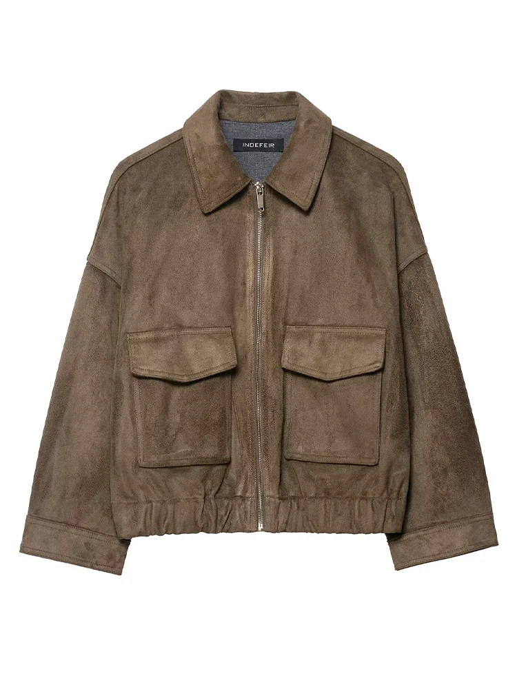 HH femme hiver élégant col rabattu solide veste femmes à manches longues poche décorer fermeture éclair décontracté daim Texture manteau ample