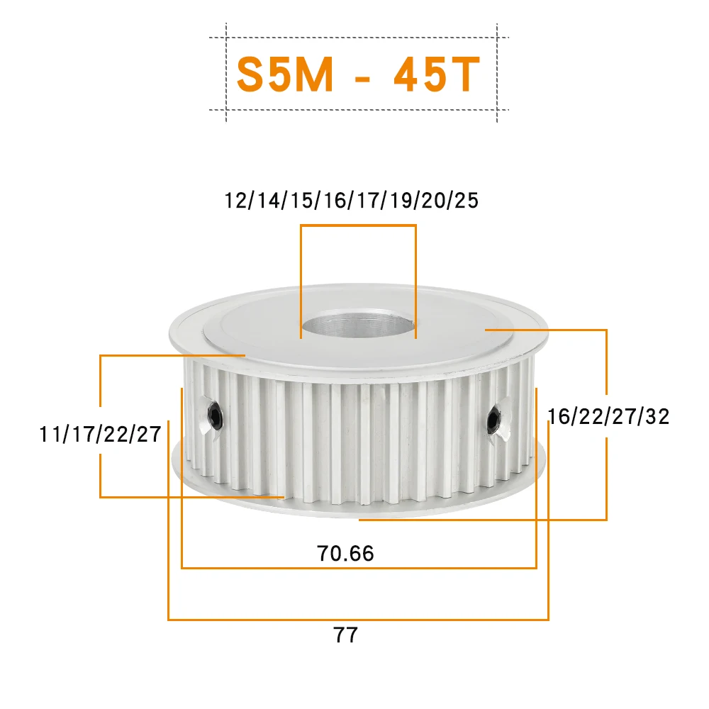 Alloy Pulley S5M Type 45Teeth 5mm Teeth Pitch Circular Tooth 11/17/22/27mm Width Timing Pulley Bore 12/14/15/16/17/19/20 mm