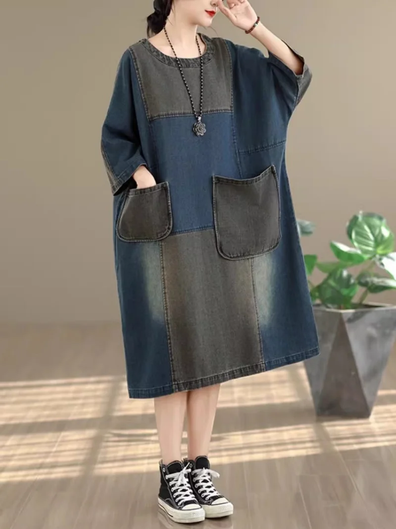 

Весеннее повседневное джинсовое платье для женщин, винтажное, с цветовыми блоками, свободного кроя, средней длины, больших размеров, в уличном стиле, оверсайз туника j101