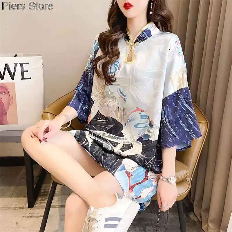 Summer Short Sleeve T Shirt Women Chinese Style Vintage Long T-shirt Female Loose Stand Collar Womens Tee Shirts White