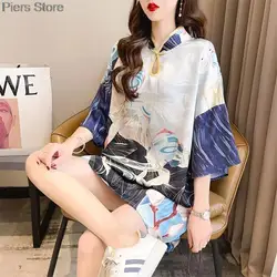 Summer Short Sleeve T Shirt Women Chinese Style Vintage Long T-shirt Female Loose Stand Collar Womens Tee Shirts White