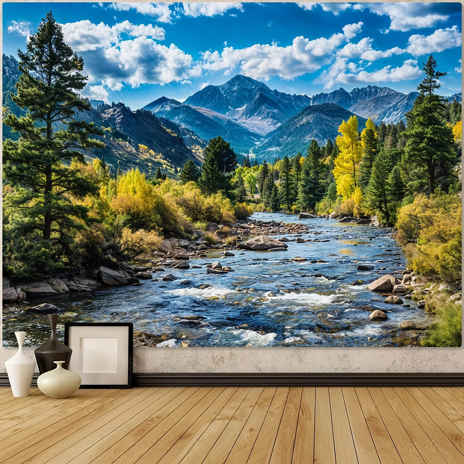 Mountain River Landscape Tapestry Realistic Nature Scenery Print Wall Hanging for Living Room Bedroom Home Decor