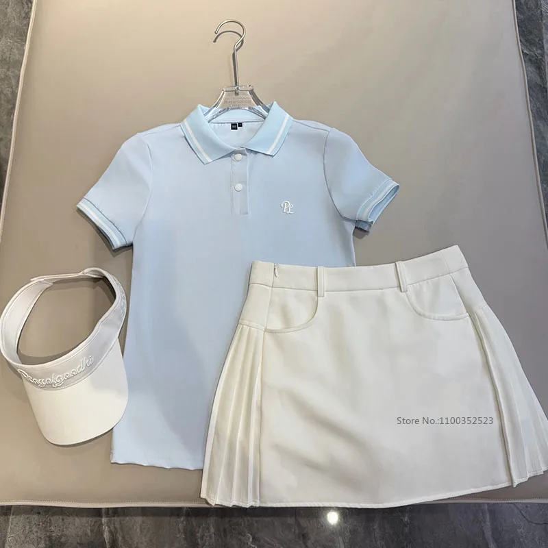 PL Summer Sports Golf Polo Shirts Short-sleeved Breathable T-shirt Ladies A-lined Pleated Skirt Sports Tennis Skorts with Short