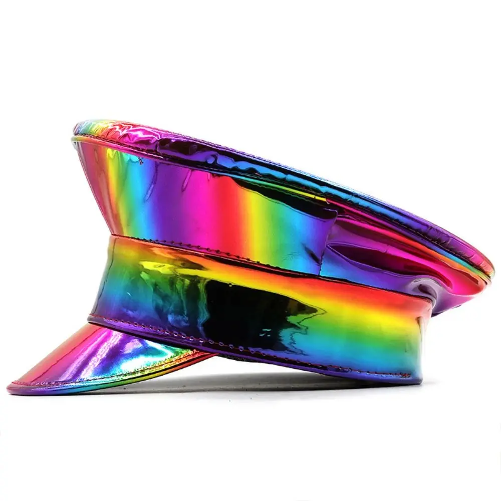 Casual Style PU Leather Laser Hats UV Protection Waterproof Captain Cap Sunscreen Flat Caps Party Hat Festival Events