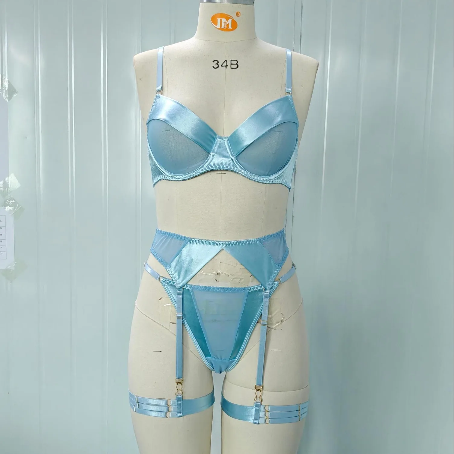 Brskbzda Conjunto de lencería elegante para mujer, sujetador de satén liso con parches, cinturón y ligueros, conjunto de moda íntima sensual y atractivo para mujer