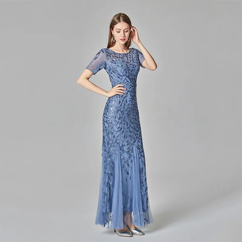 

Spring Banquet Host European and American Sequin Gauze Fishtail Dress Evening for Women