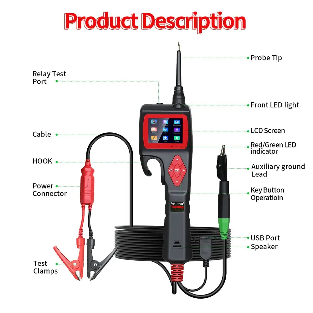 Topdiag P200 Power Probe Automotive Electric Circuit Tester 9V-30V Battery Relay Injector Activating Vehicle Diagnostic Tool