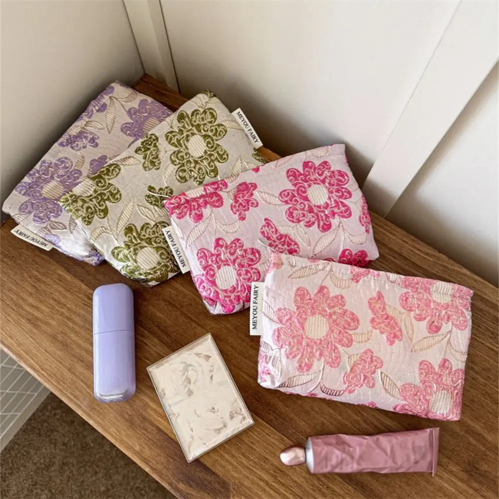 Jacquard Fabric Makeup Bag Embroidered Floral Wide Opening Cosmetic Pouch Soft Padded Lightweight Zipper Pouch Daily Carry