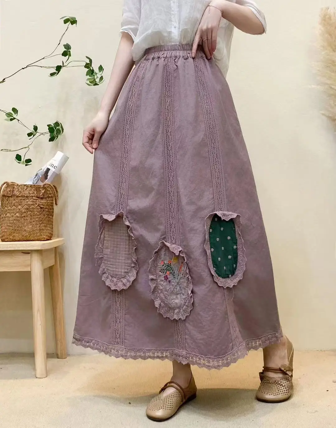 

Mori kei clothing cotton sweet embroidery skirt for women Japan fashion lace patchwork long skirts mori girl style patch skirts