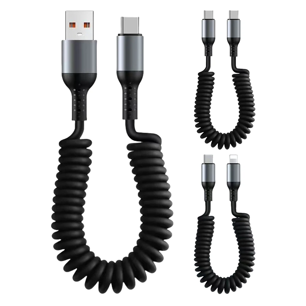 100/27/66W Spring Short Data Cable 6A USB Type C Spring Telescopic Quick Charger Wire Spring USB Cable for Huawei Xiaomi Samsung