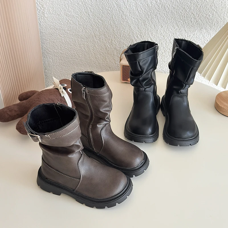 

Детские зимние сапоги, модные элегантные повседневные ботинки с пряжкой на ремне для девочек, теплые и износостойкие сапоги до колена