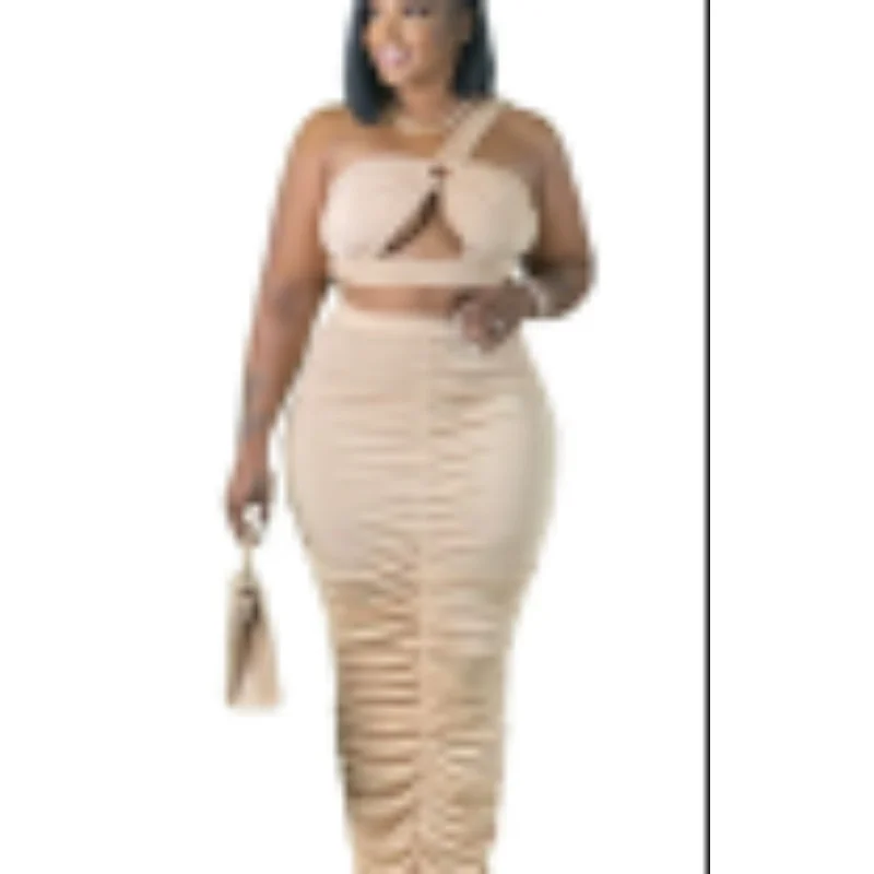 

Customized African Clothes for Women Summer Sexy African Women Sleeveless Polyester Solid Color 2 Pieces Sets Pleated Top and Lo