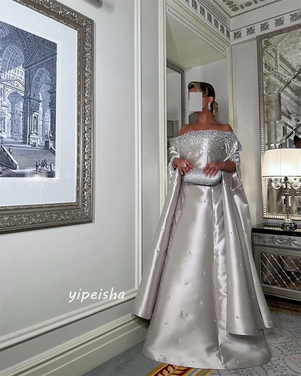 Jiayigong s-Robe Longue Drapée à Perles Personnalisée, Tenue de Ligne A à Épaules Dénudées, sur Mesure, Arabie Saoudite