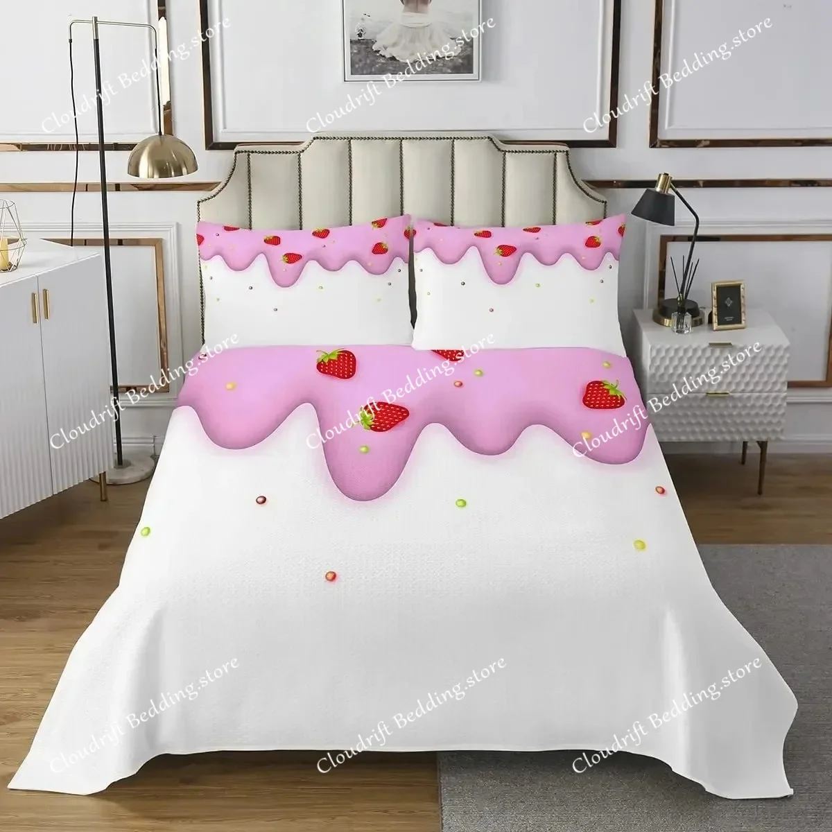 Summer Theme Duvet Cover Set,Cartoon Fruits Ice Cream Bedding Set Dessert Food Soft Light Khaki Quilt Cover