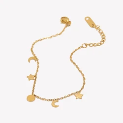 E.B.belle Waterproof Tarnish Free Star Moon Sun Charm Bracelets Cute Lovely Girls 18K Gold Plated Stainless Steel Bracelet