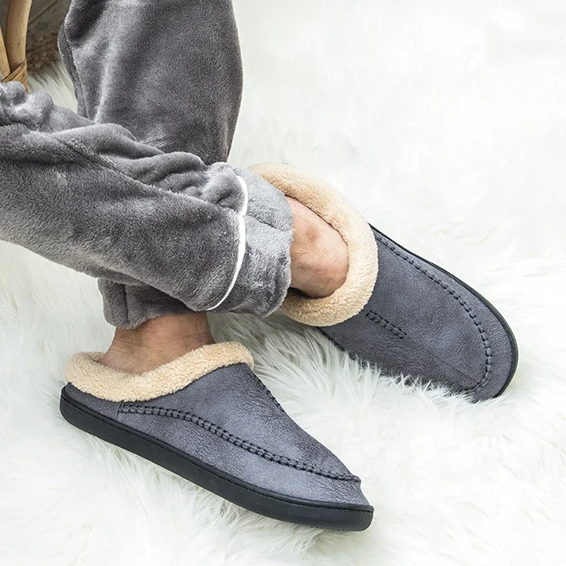 Men Slippers Black New Winter Suede Slippers Warm Indoor Slipper Waterproof Home House Shoes Men Warm Velvet Fur Knitting Shoes