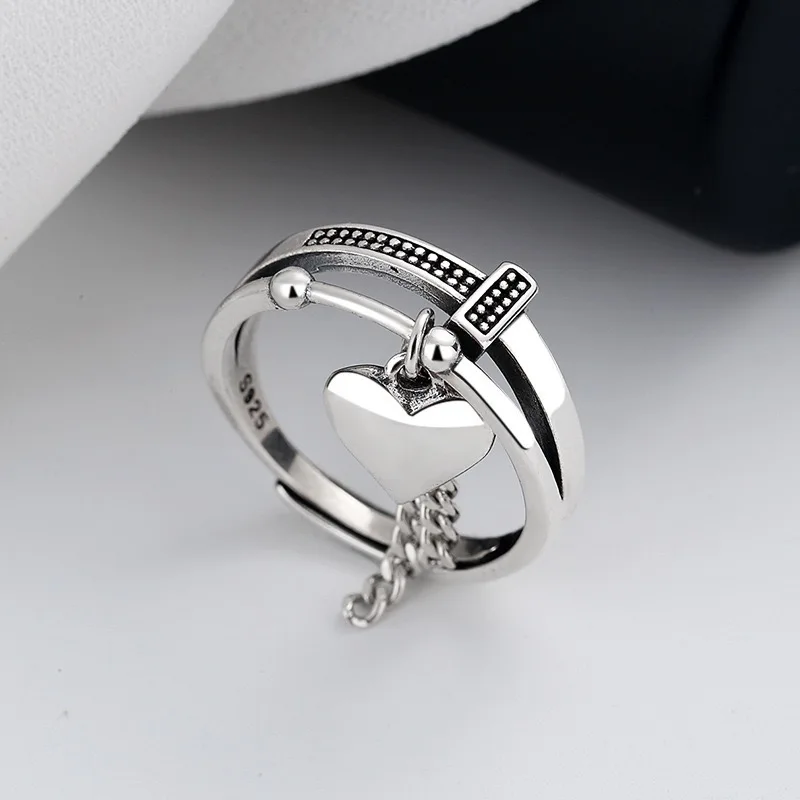 BF CLUB 925 Sterling Rings for Women Simple Geometric Handmade Irregular Retro Heart Tassel Ring Allergy For Birthday Gift
