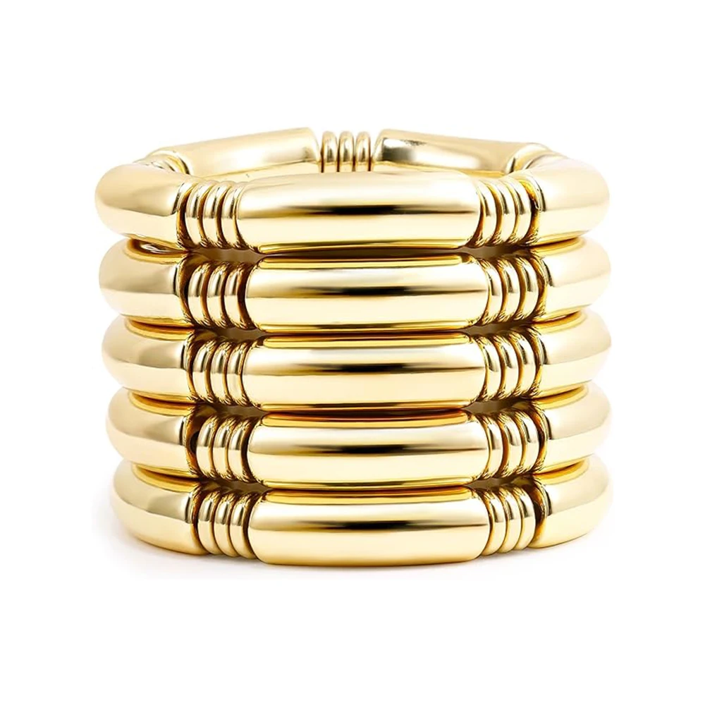 Badu Gold Color Chunky Bamboo Bangle Bracelets For Women Stack Layered Curved Tube Stretch Bracelets Modern Jewelry Gifts 2024