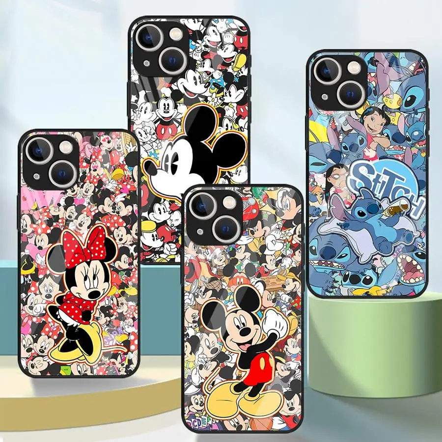 Funda de vidrio templado para iPhone 16 Pro Max 15 Plus 13 Mini 12 11 X XS XR 7 8 SE Funda de teléfono Disney Cute Mickey Stitch