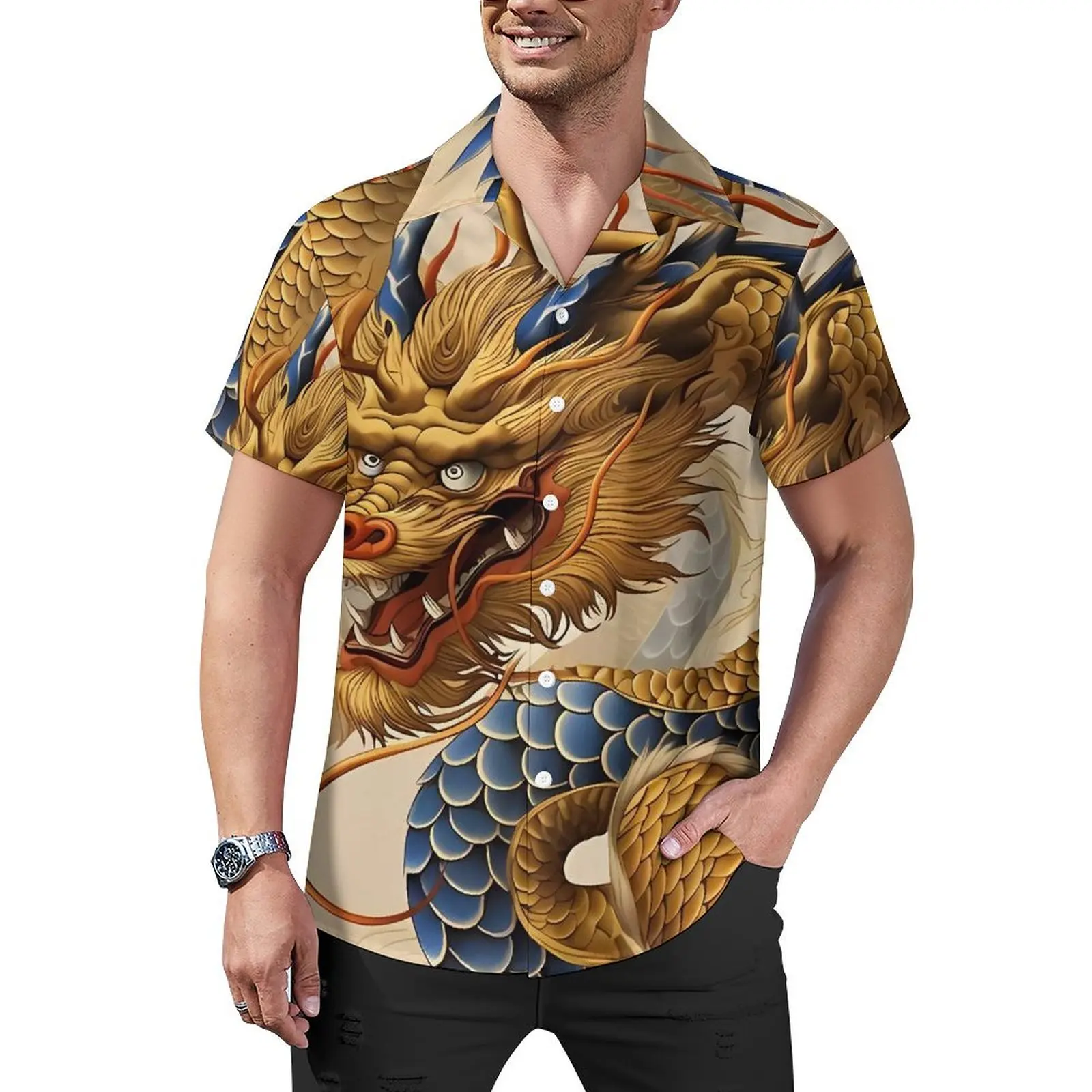 Dragon Print Casual Shirt Yakuza Anime Novelty Hawaii Shirts Men Short Sleeve Beach Harajuku Pattern Oversized Blouses