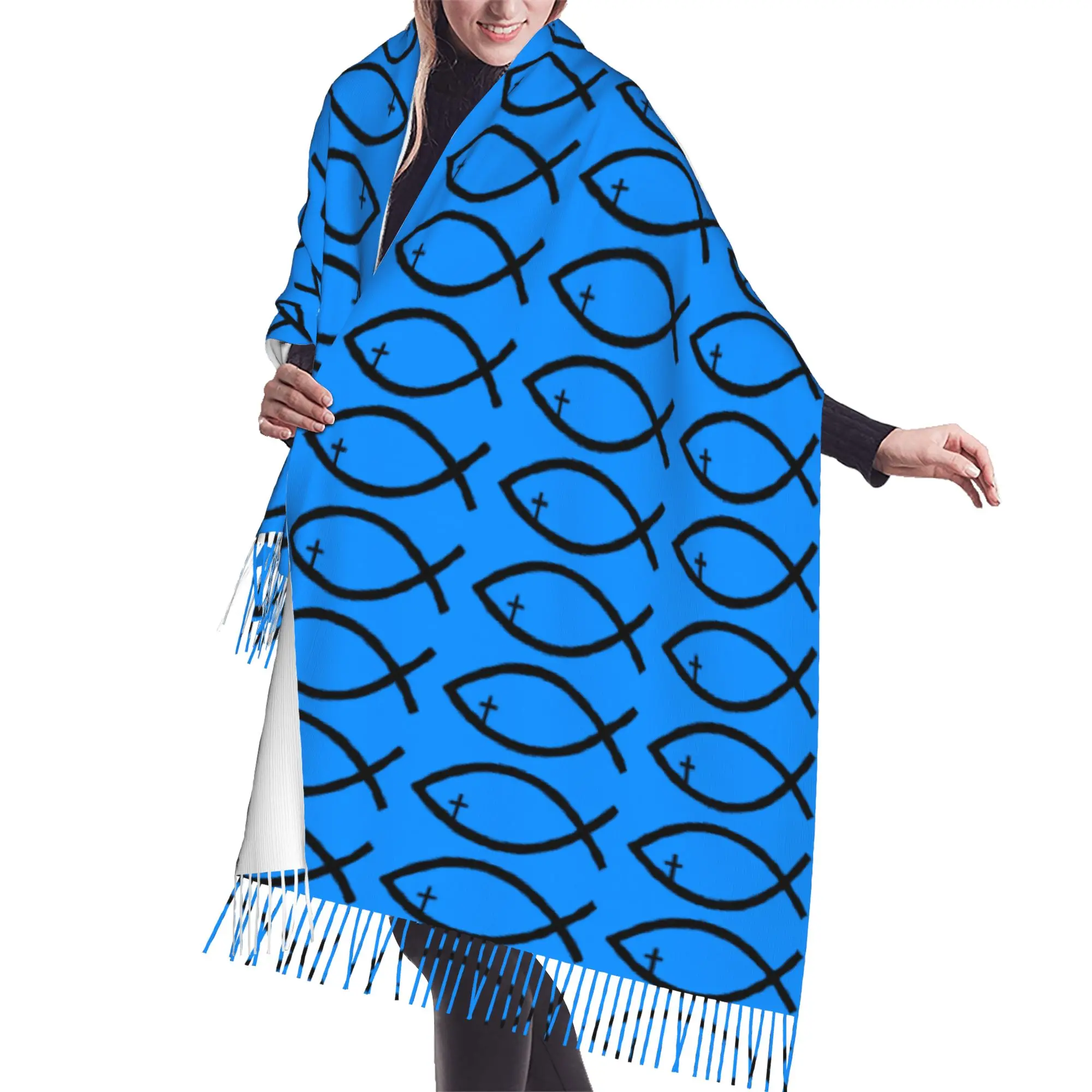 Custom Ladies Large Jesus Fish Cross Christ Symbol Religious Scarves Women Winter Fall Soft Warm Tassel Shawl Wraps  Scarf