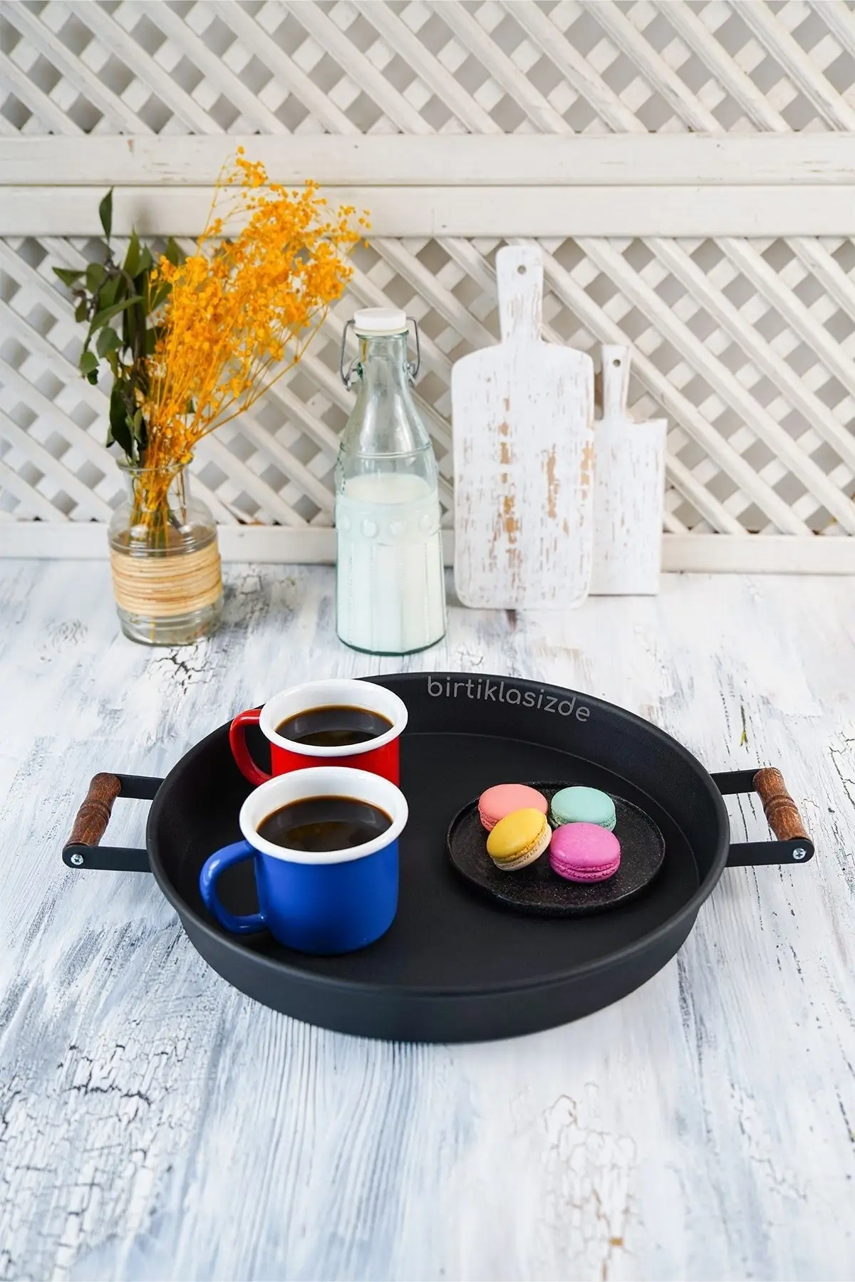 2 pcs 51 Cm and 37 Cm wooden handle Metal round black tray serving tray tray tray tray tray tray tray tray tray