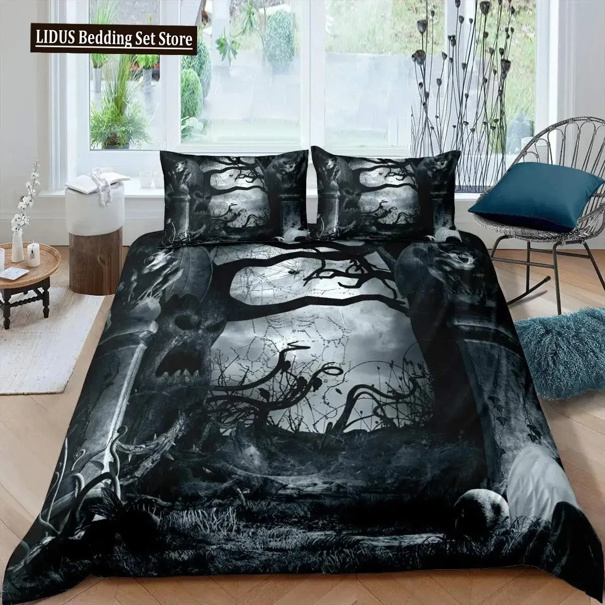 

Halloween Tree Bedding Set Queen King Horror Theme Comforter Cover Gothic Spooky Polyester Duvet Cover Branches Grey Quilt Cover