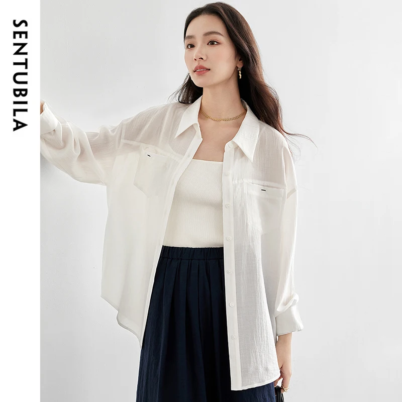 

SENTUBILA женская рубашка оверсайз, повседневная свободная посадка, уютная однобортная блузка с длинными рукавами, топ для женщин 151C57873