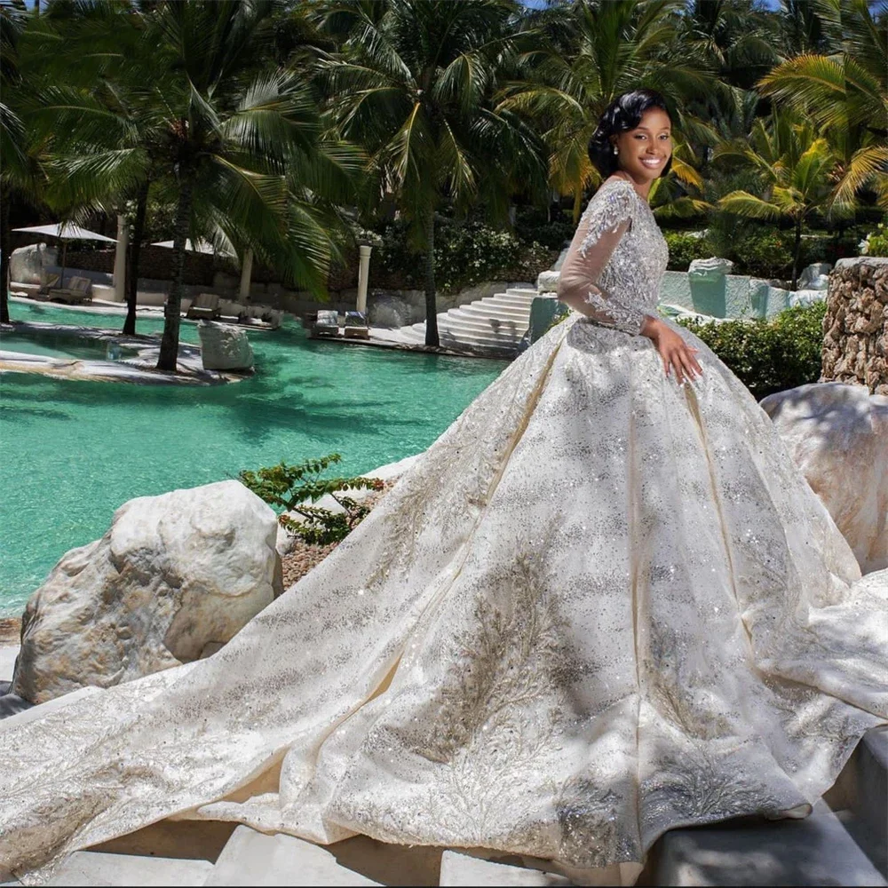 Maßgeschneiderte Sparkle Perlen Brautkleid Illusion Langarm Braut Kleider Strass Arabisch Brautkleid Vestidos De Novia