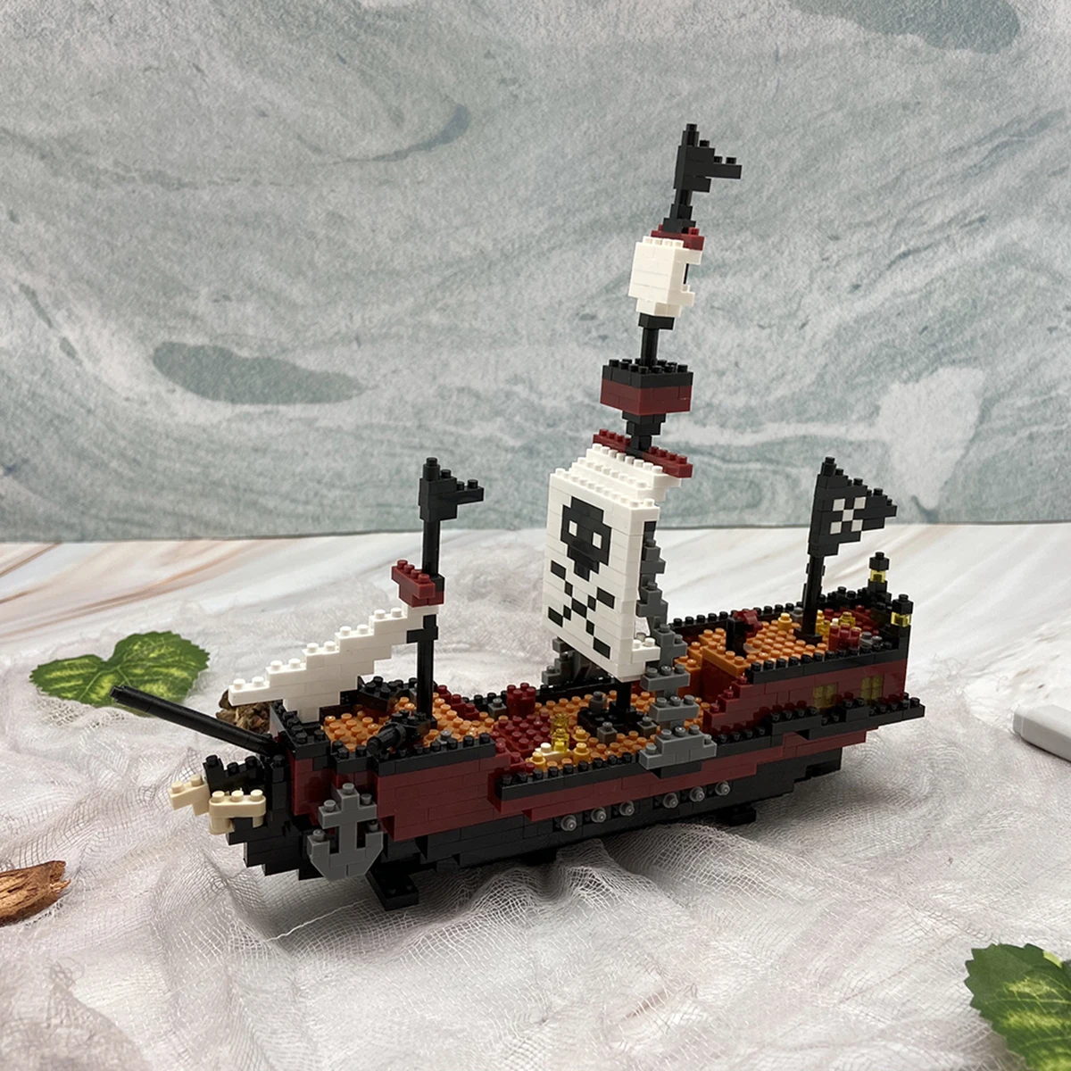 Adult Precision Black Pirate Ship 3D Model Building Blocks Kit - Micro Mini Bricks Toys for Boys, Assemble Sailboat