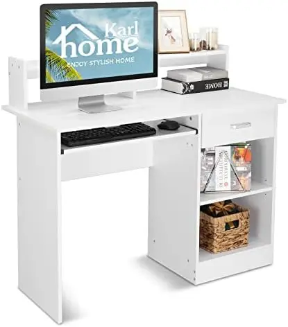 

Computer Desk Study Writing Desk, Wooden Office Workstation PC Laptop Table with Drawer Shelf Keyboard Tray, White Desk drawer