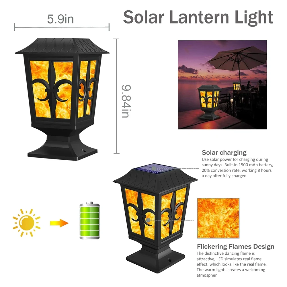 2 упаковки, фонарь на солнечной батарее, Мерцающая лампа-столб с язычком пламени, лампа для наружного палубного забора, 4x5x6x6, столб для сада, внутреннего двора