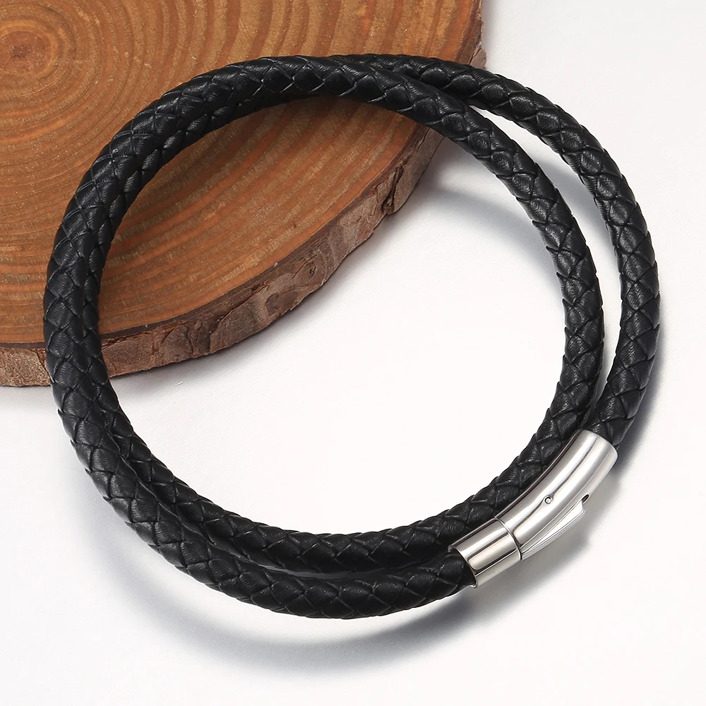 4mm/6mm Man-made Leather Necklace Choker Red Black Brown Braided Rope Chain for Men Boy Male Push Clasp Jewelry Gifts UNM39