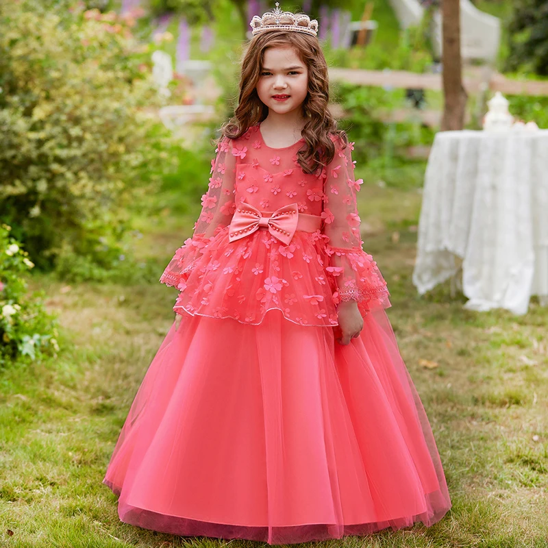 

Summer Long Sleeve Evening Dress For Girls Children Costume Flower Princess Dresses Girl Dress Birthday Wedding Gown 4-14 Years