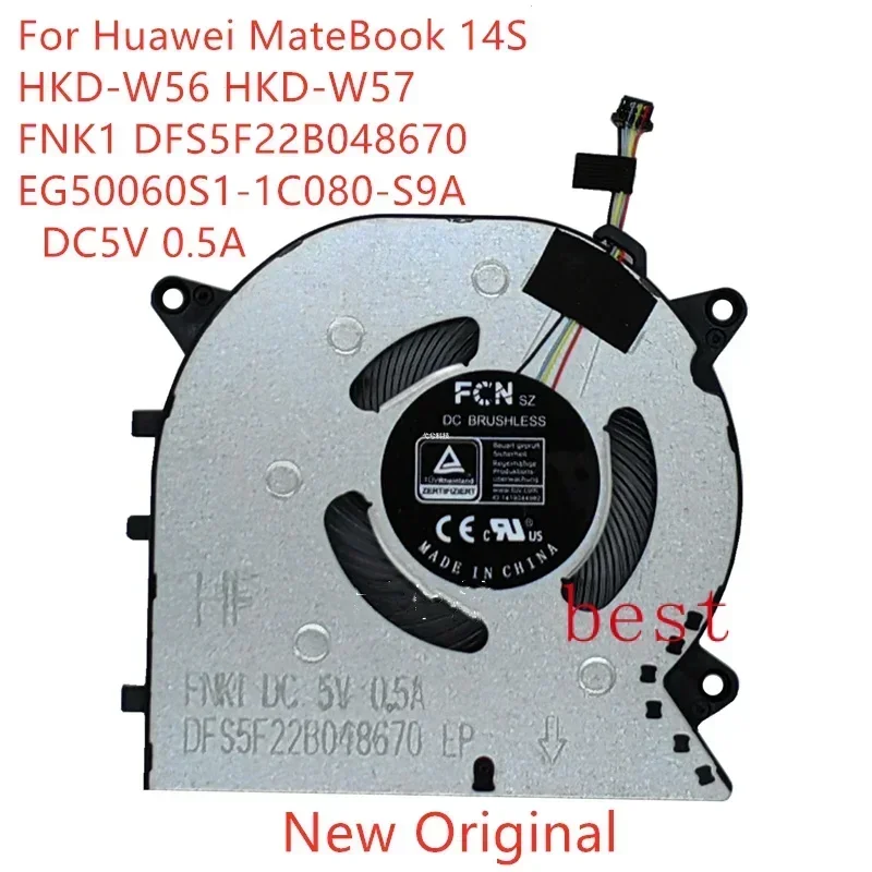 forNew Original Laptop CPU Cooling Fan For Huawei MateBook 14S HKD-W56 HKD-W57 FNK1 DFS5F22B 048670   EG50060S1-1C080-S9A DC5V 0