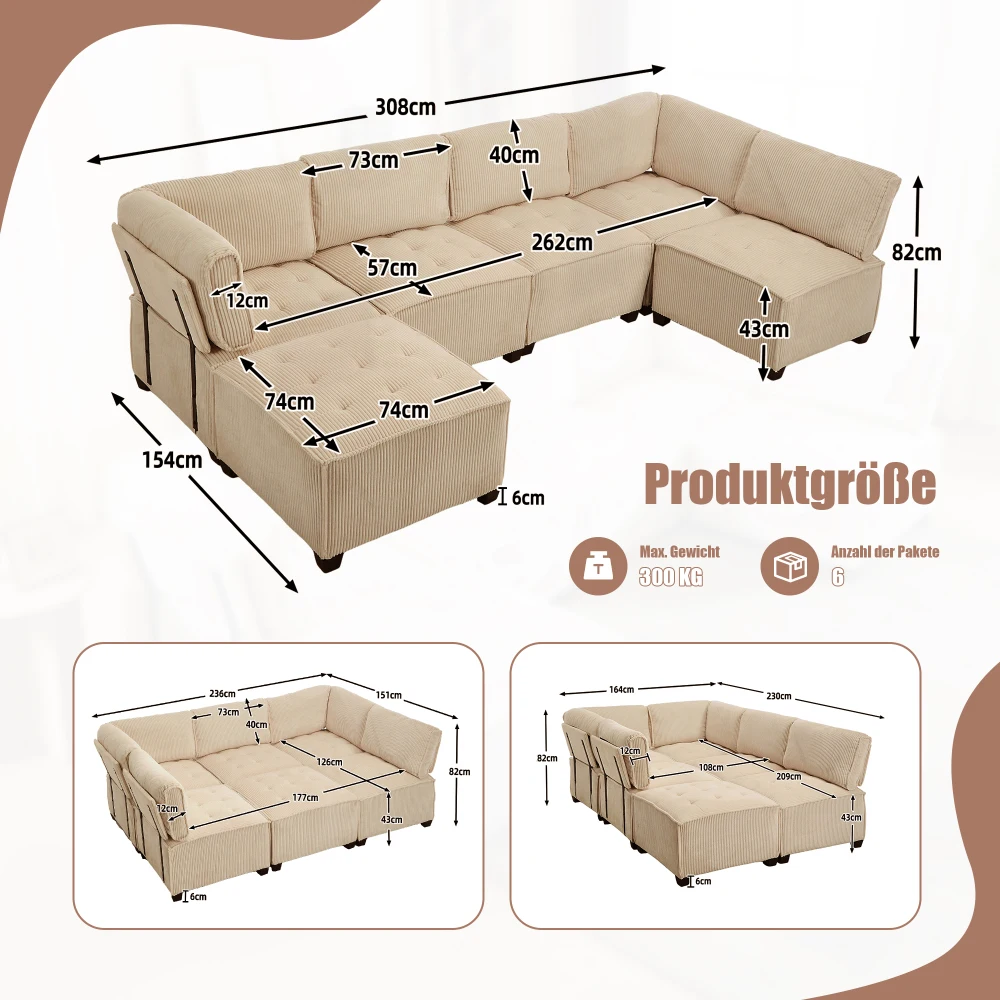 Sofa Modulares 6-Sitzer-Sofa, Kordelstoff, ergonomisch, Aufbewahrungstaschen, flexibel kombiniert als U-Form/L-Form/Sofabett – Detail 30