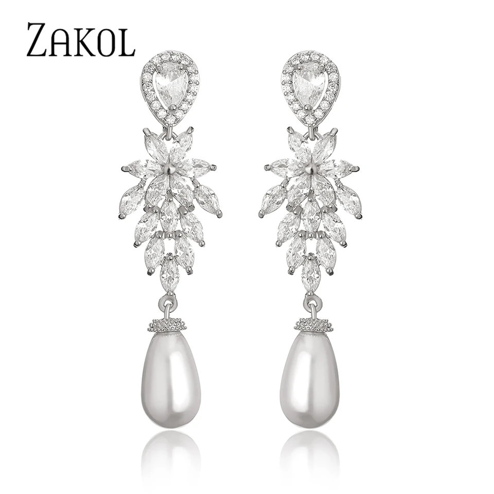 ZAKOL Luxury Pearl Bridal Dangle Earrings for Women Fashion Zircon Leaf Wedding Party Jewelry