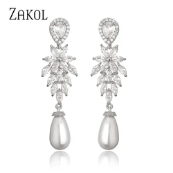 ZAKOL Luxury Pearl Bridal Dangle Earrings for Women Fashion Zircon Leaf Wedding Party Jewelry