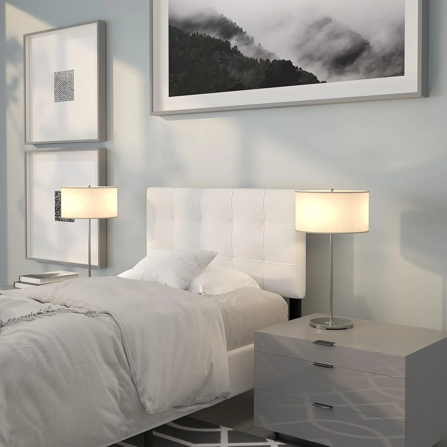 Quilted Tufted Upholstered Twin Size Headboard in White Fabric, Customized