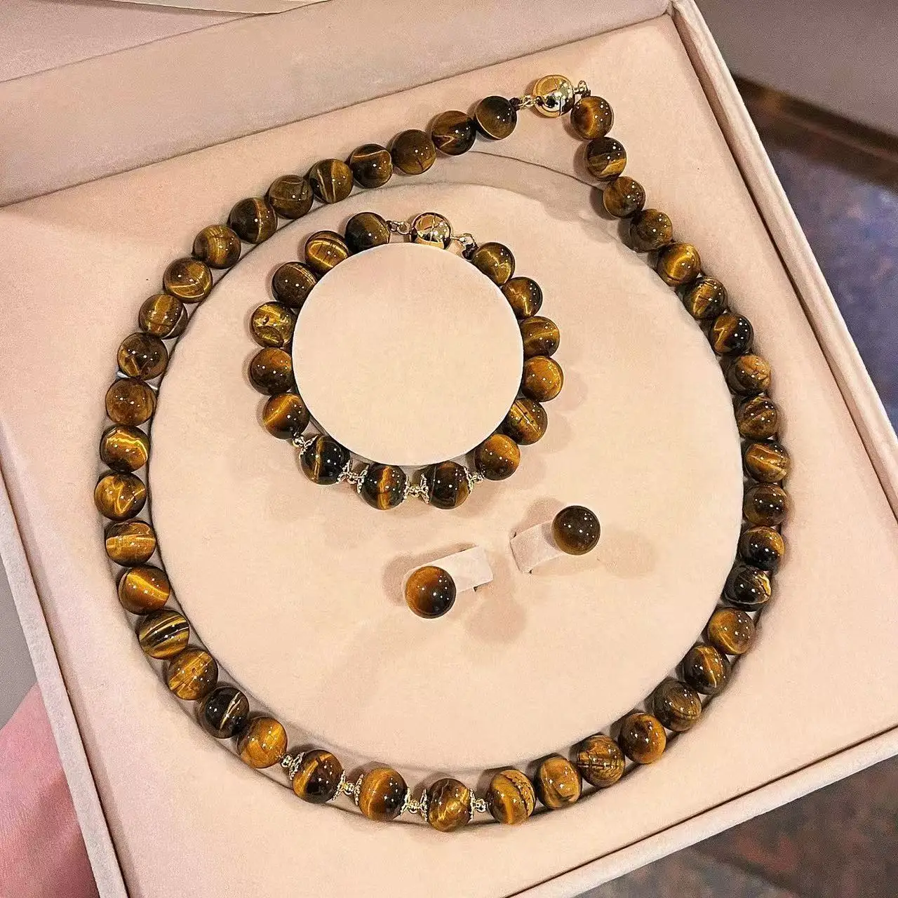Mother's Day Gift 10mm Natural Tiger Eye Jewelry Set, Designer Necklace Bracelet & Stud Earrings Complete Gift Box Set for Women