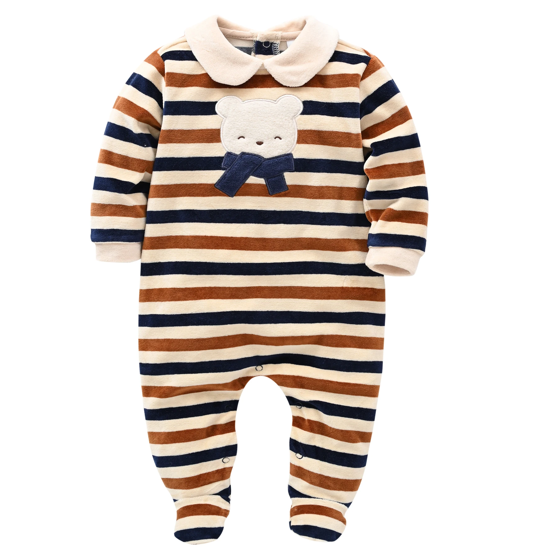 

Winter Baby Boys Clothes Romper Striped Footie Bear Embroidery Newborn Long Sleeve Jumpsuits Infant Short Plush Onesie Playsuit