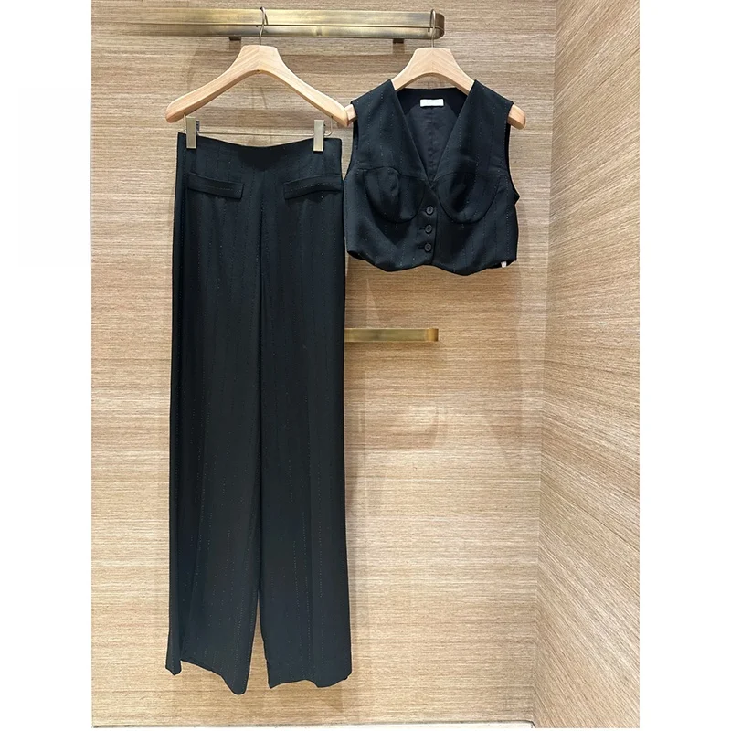 

Черный костюм с пайетками: жилет и длинные брюки, женский модный комплект из полиэстера для осеннего сезона