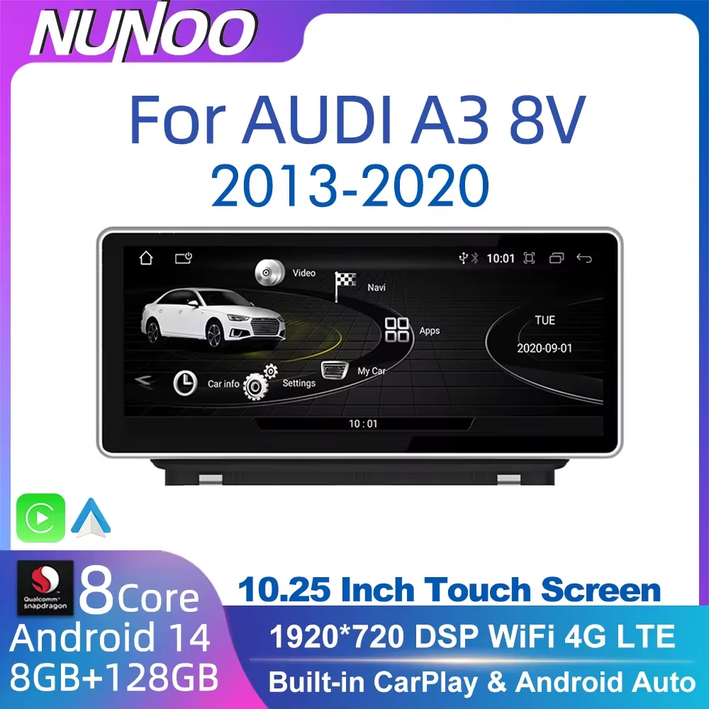 Android 14 Car Screen Player For Audi A3 8V 2013-2020 GPS Navi Multimedia Stereo 8+128GB RAM WIFI Google Carplay Qualcomm 8 Core