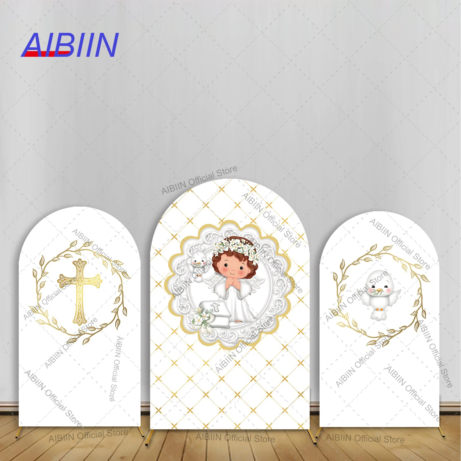 Fondo de arco de bautismo de Ángel, cubierta de fondo, paloma cruzada dorada, primera comunión para niños, Dios bendiga, decoración de fiesta, fondo Photozone para bebé