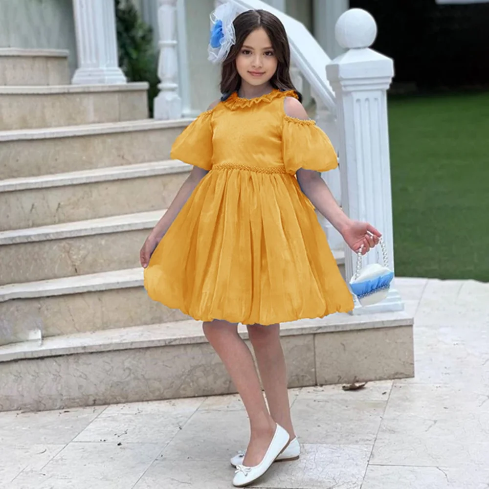 Robe de luxe à perles pour filles, épaules dénudées, manches courtes bouffantes, ligne A, robe à fleurs pour fête de mariage, longueur aux genoux, robe de première Communion, nouvelle collection