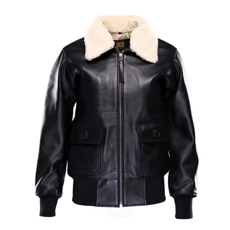 

Black Autumn Pilot Leather Jacket Men Military Style Plus Size 3XL Wool Collar Genuine Natural Sheepskin G1 Flight Leather Coat