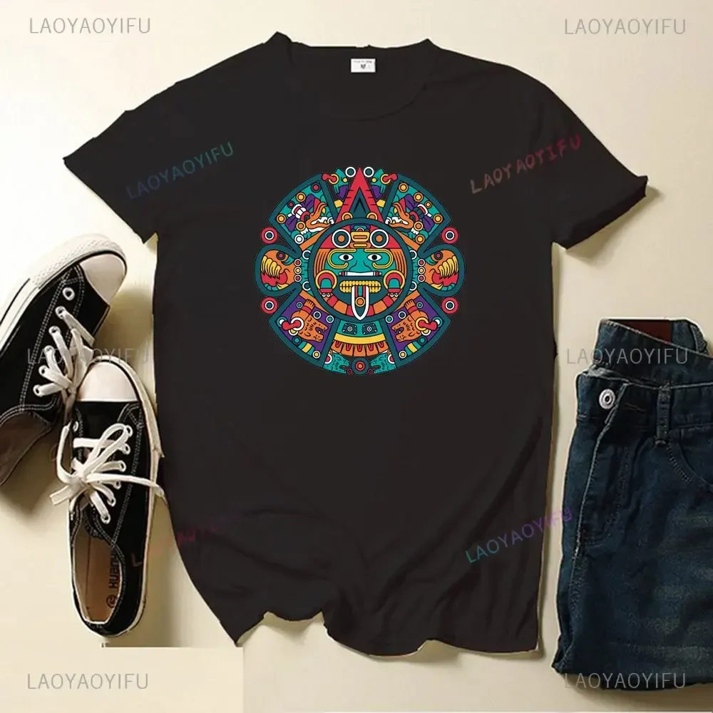 Colorful Mayan Aztec Calendar Art Fashion Men's T-shirt Short Sleeve Aztec Mythological Shirts Mexican Gods Unisex Tee Clothing