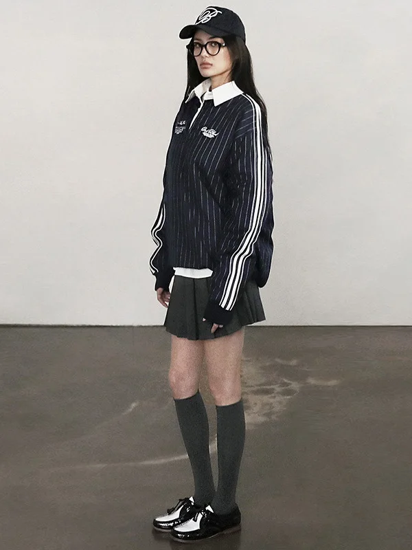 American Sle College Wind Long Sve Collar irt Jaet Patrón de rayas Top casual para mujer Temporada de primavera Mezcla de algodón